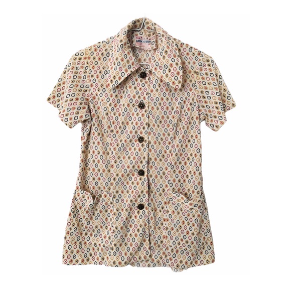 Vntg 70s Astrology Zodiac ButtonS Pattern Blouse S